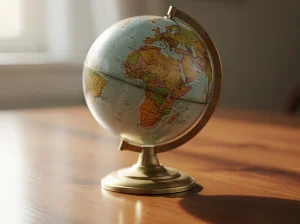 Globo terráqueo sobre una mesa de madera, mostrando continentes.