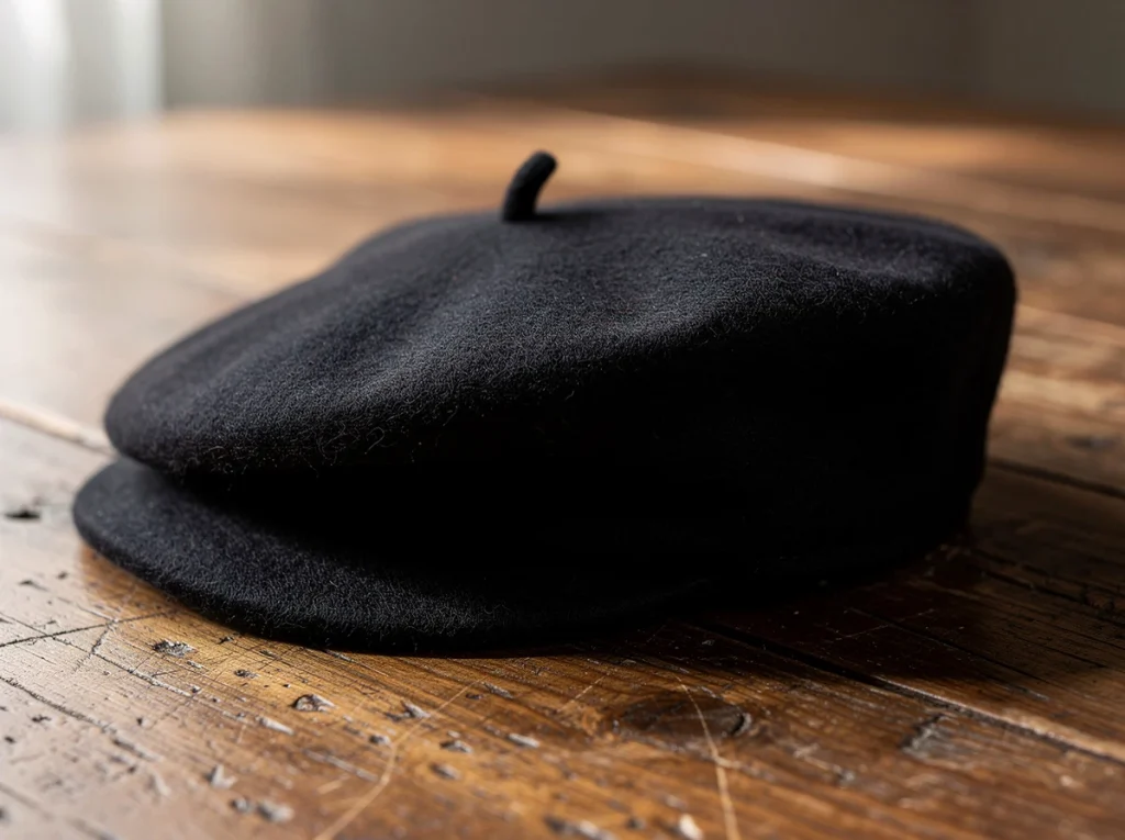 Gorra negra sobre una mesa de madera clara