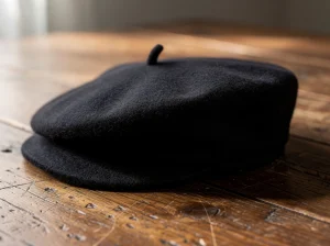 Gorra negra sobre una mesa de madera clara