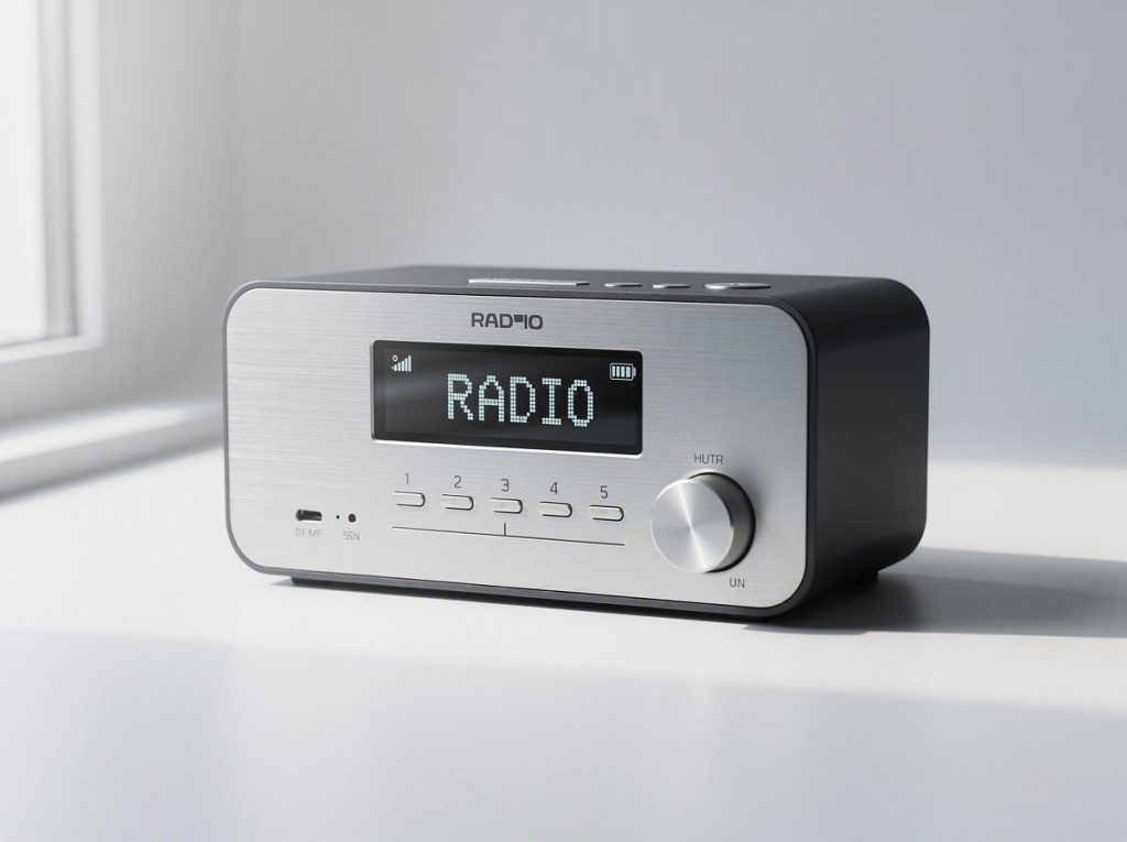 Radio digital moderna sobre una superficie blanca.
