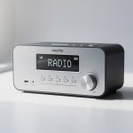 Radio digital moderna sobre una superficie blanca.