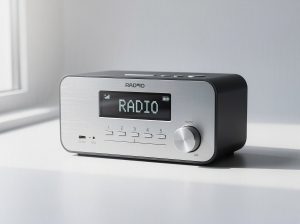Radio digital moderna sobre una superficie blanca.