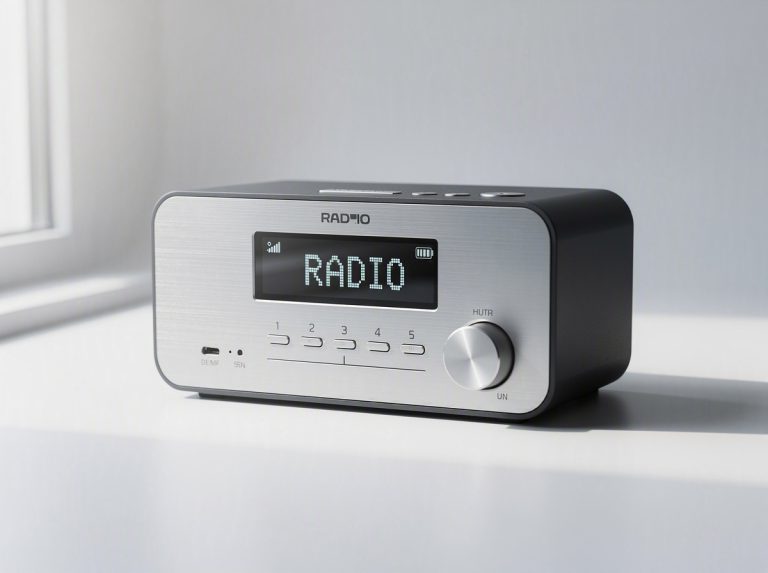 Radio digital moderna sobre una superficie blanca.