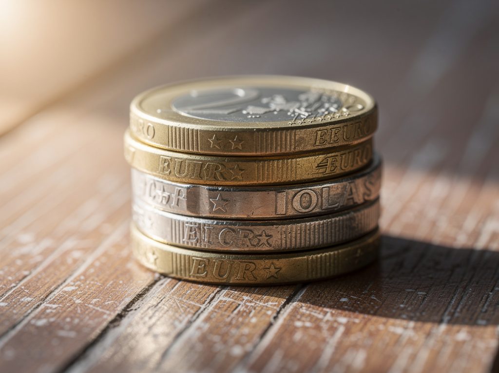 Monedas de euro apiladas sobre una superficie de madera