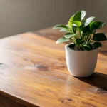 Planta en maceta blanca sobre mesa de madera clara