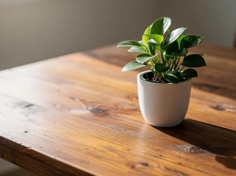 Planta en maceta blanca sobre mesa de madera clara