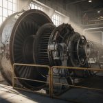 Turbina industrial en un entorno de fábrica iluminada