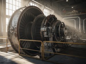 Turbina industrial en un entorno de fábrica iluminada
