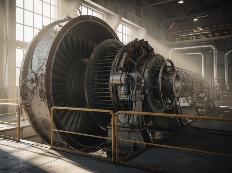 Turbina industrial en un entorno de fábrica iluminada