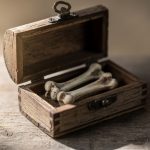 Caja de madera abierta con restos óseos en su interior