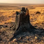 Tocón de árbol quemado en un paisaje árido y seco