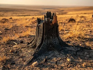 Tocón de árbol quemado en un paisaje árido y seco