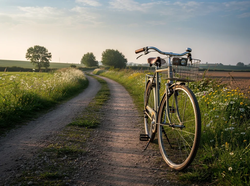 Bicicleta apoyada en un camino rural rodeado de naturaleza