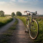 Bicicleta apoyada en un camino rural rodeado de naturaleza