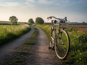 Bicicleta apoyada en un camino rural rodeado de naturaleza