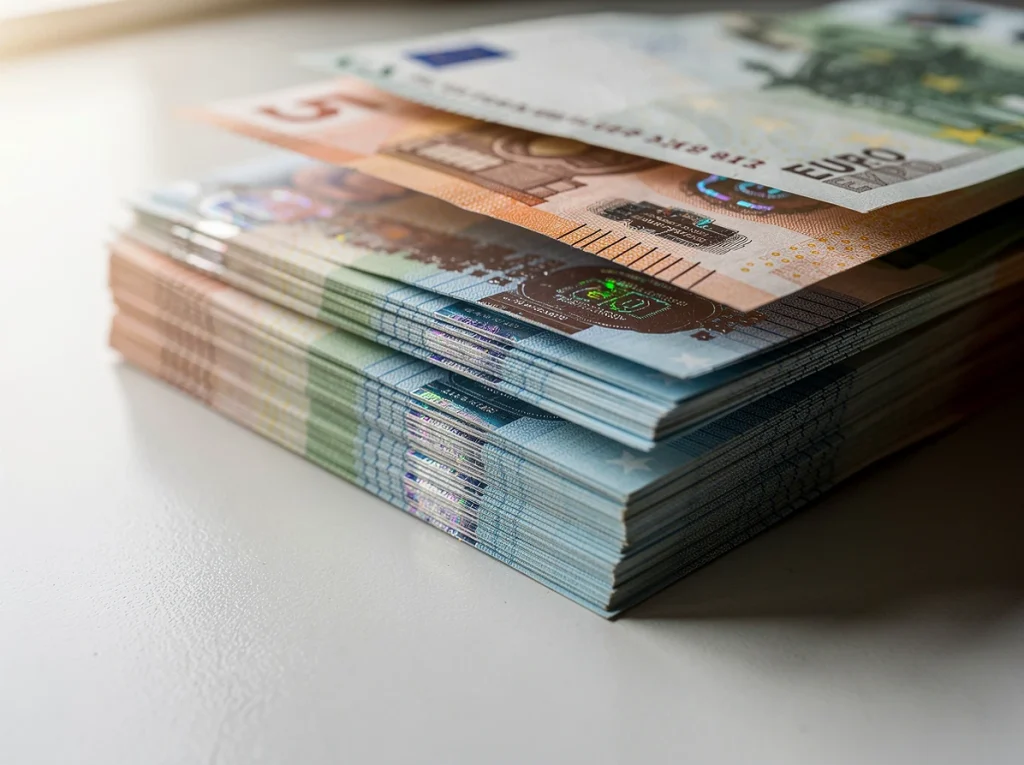 Billetes de euro apilados sobre una superficie clara.