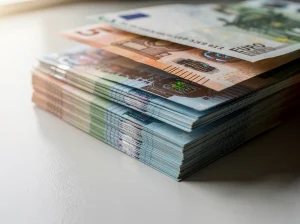 Billetes de euro apilados sobre una superficie clara.