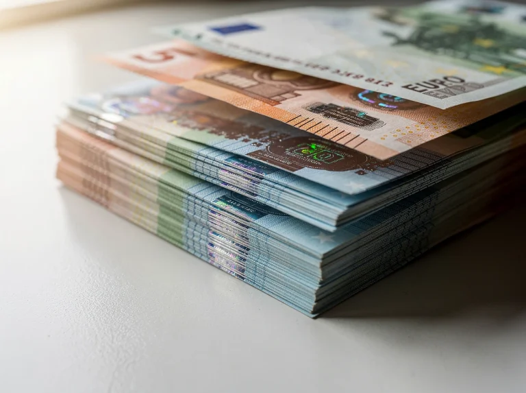 Billetes de euro apilados sobre una superficie clara.