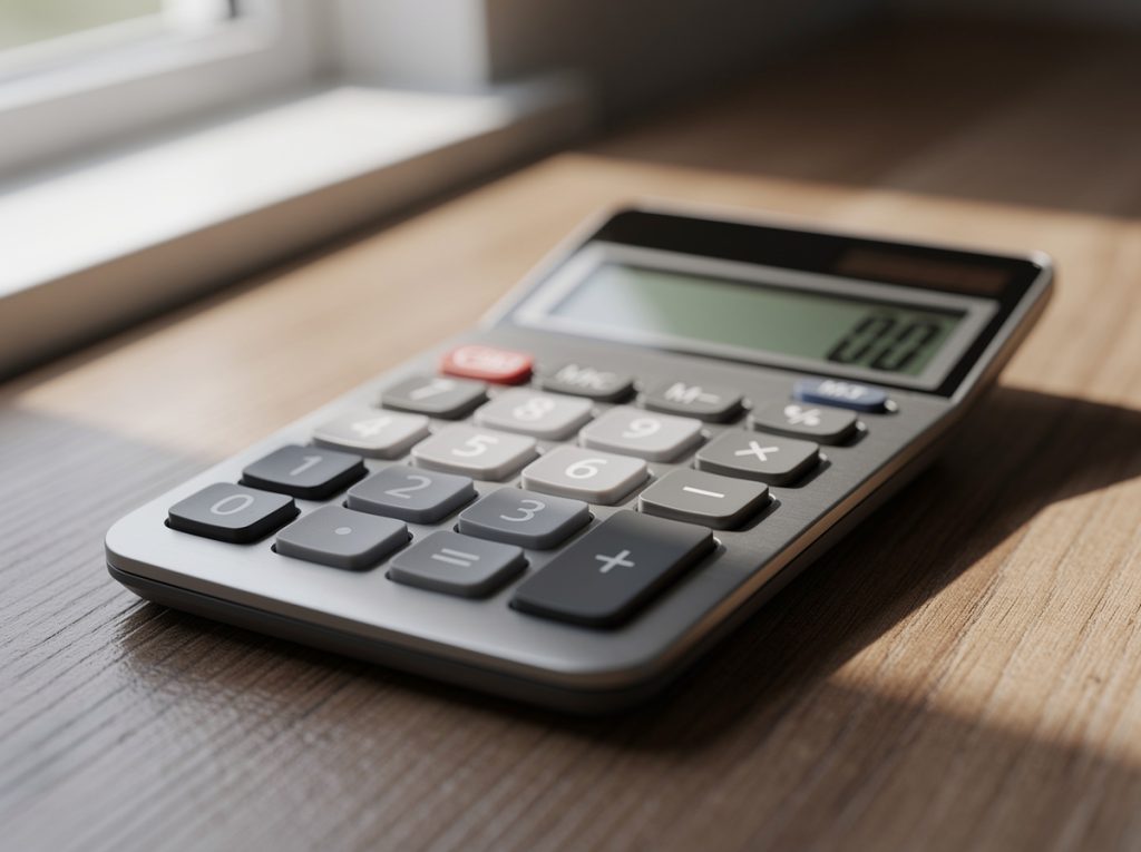 Calculadora sobre una mesa de madera junto a una ventana
