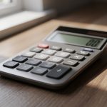 Calculadora sobre una mesa de madera junto a una ventana