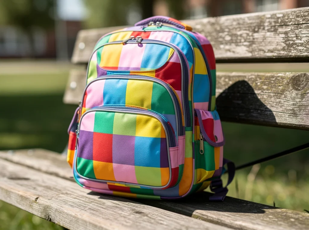 Mochila colorida de cuadros sobre un banco de madera
