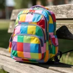Mochila colorida de cuadros sobre un banco de madera