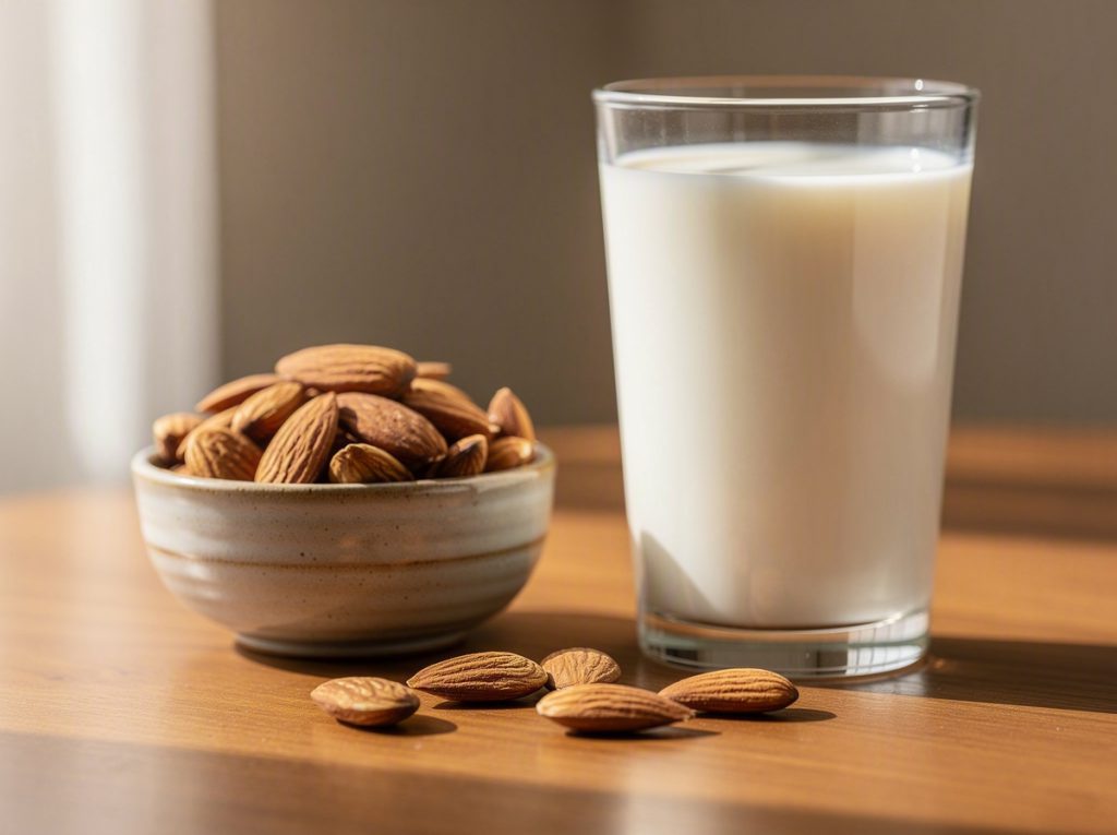 Vaso de leche junto a un cuenco de almendras en una mesa