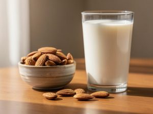 Vaso de leche junto a un cuenco de almendras en una mesa