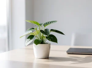 Planta verde en maceta blanca sobre mesa de trabajo