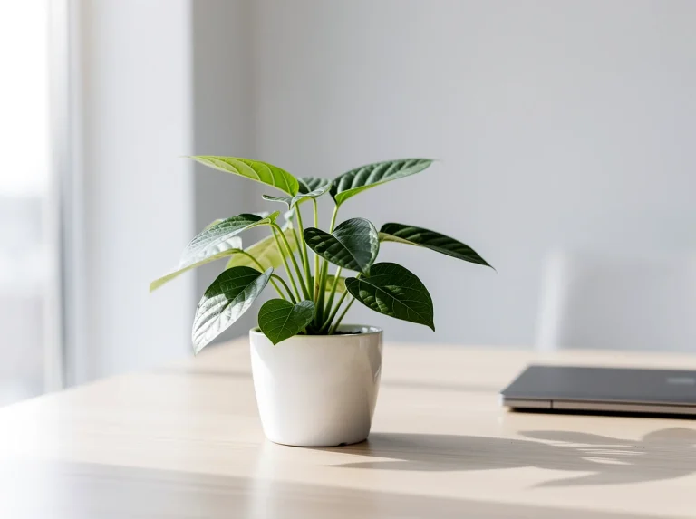 Planta verde en maceta blanca sobre mesa de trabajo