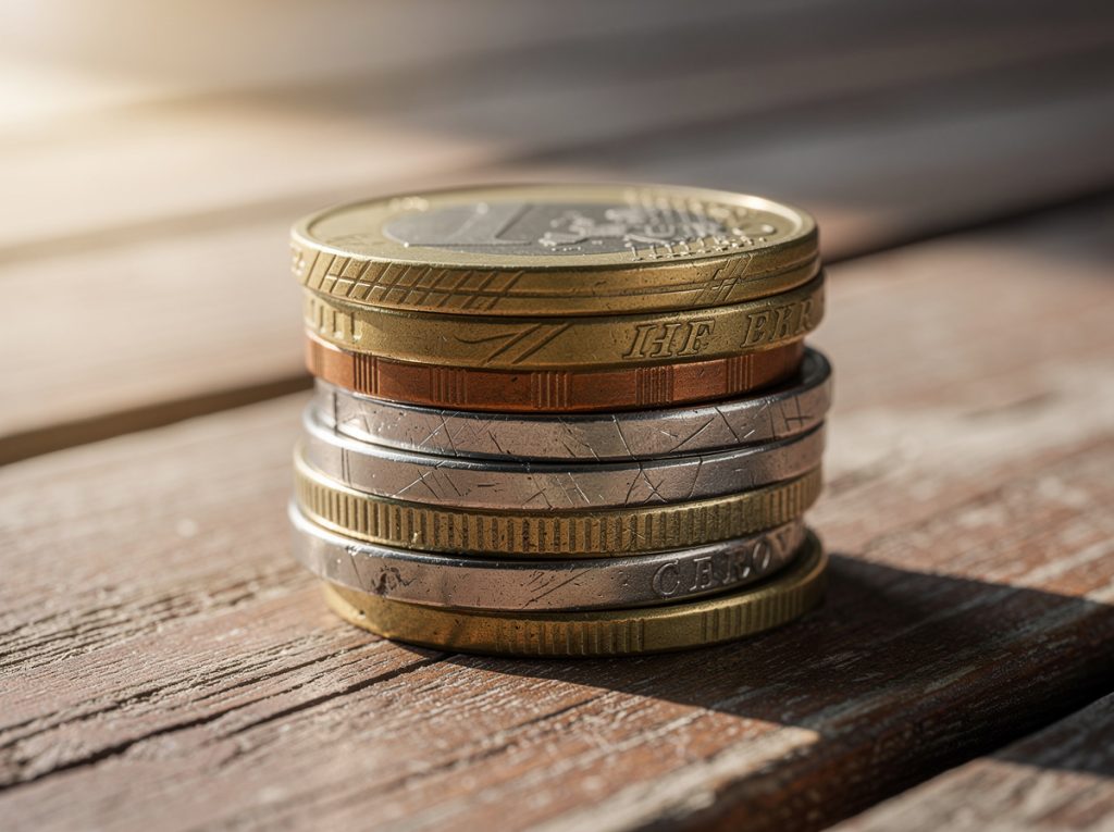 Monedas apiladas sobre una superficie de madera