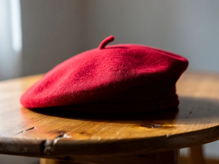 Boina roja sobre una mesa de madera clara