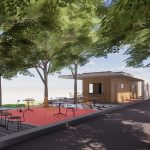 Vista de la zona de descanso y cafetería junto a la piscina