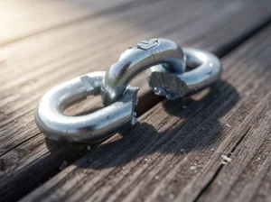 Cadena metálica rota sobre una superficie de madera