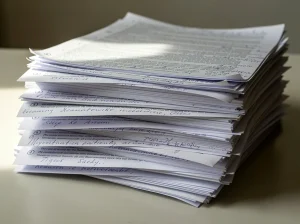 Pila de documentos impresos sobre una mesa