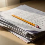 Pila de documentos con un lápiz amarillo sobre una mesa