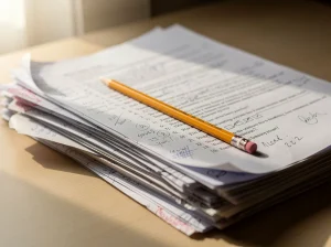 Pila de documentos con un lápiz amarillo sobre una mesa