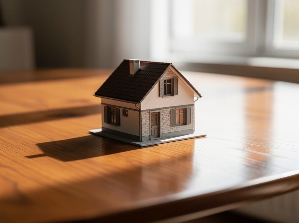 Maqueta de una casa sobre una mesa de madera