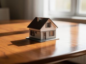 Maqueta de una casa sobre una mesa de madera