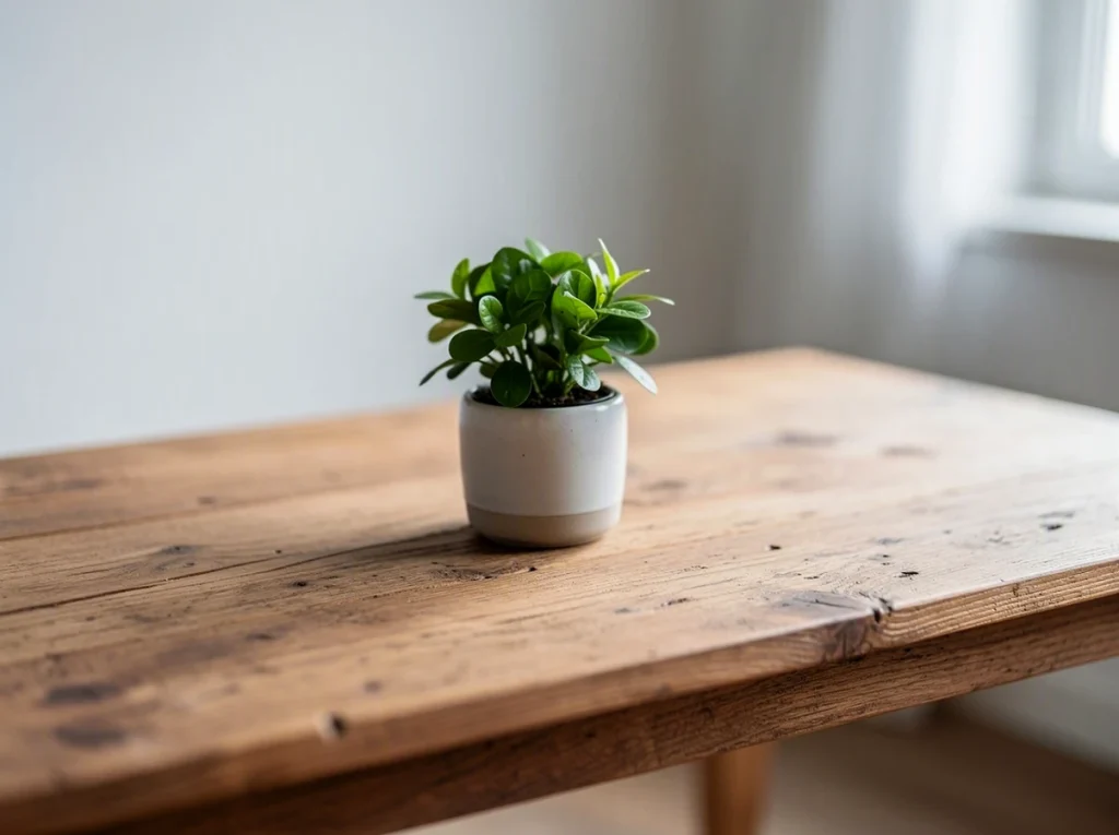 Planta en maceta blanca sobre mesa de madera clara