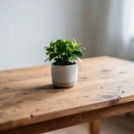 Planta en maceta blanca sobre mesa de madera clara
