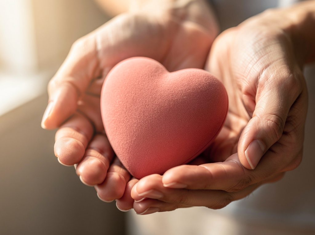 Manos sosteniendo un corazón de goma suave en color rosa.