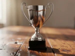Trofeo plateado sobre una mesa de madera