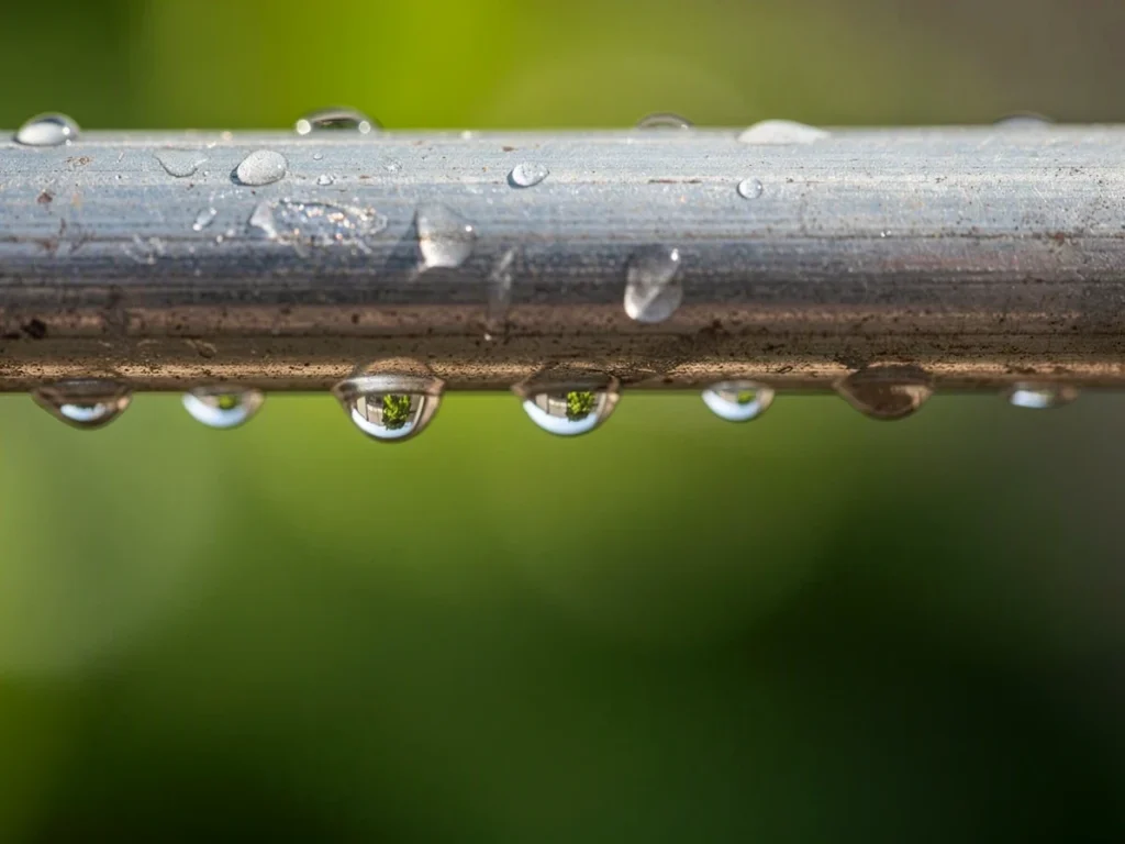 Gotas de agua sobre una tubería metálica brillante