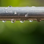 Gotas de agua sobre una tubería metálica brillante
