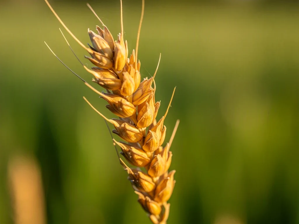 Espiga de trigo dorada en un campo verde