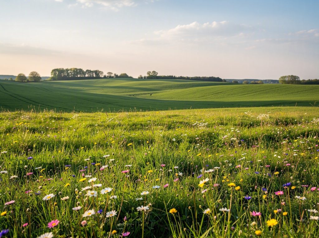 Campo verde con flores silvestres en un paisaje rural