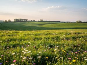 Campo verde con flores silvestres en un paisaje rural
