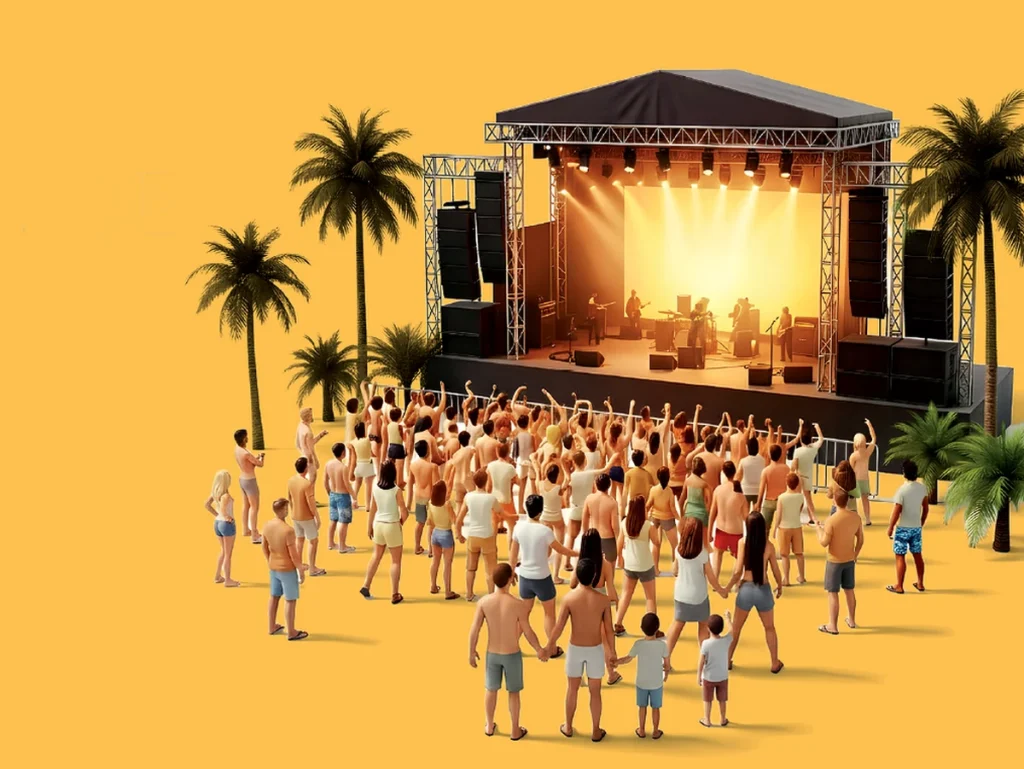 Escenario de concierto con público en un ambiente tropical