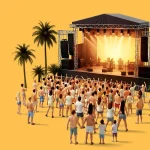 Escenario de concierto con público en un ambiente tropical